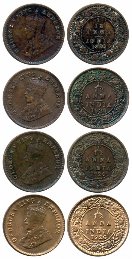 George V, Copper 1/12 Anna (4), 1925, Calcutta Mint (Prid# 839), Bombay Mint (Prid# 853) &