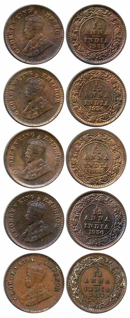 George V, Copper 1/12 Anna (5), Calcutta Mint (4), 1933 (Prid# 847), 1934 (Prid# 848), 193