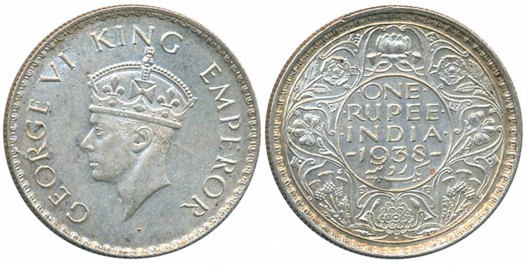 George VI, Silver Rupee, 1938, Bombay Mint, Dot Mint mark (Prid# 234). About uncirculated,
