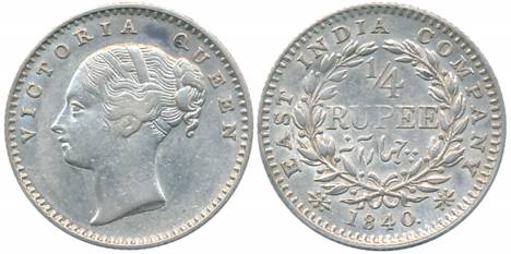Victoria Queen, Silver 1/4 Rupee, Continuous Legend, 1840, Calcutta Mint, Crescent in reli