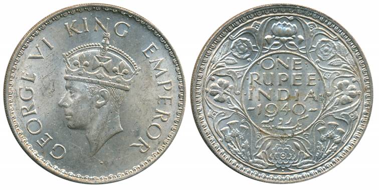 George VI, Silver Rupee, 1940, Bombay Mint, A/I (Prid# 237). About uncirculated.