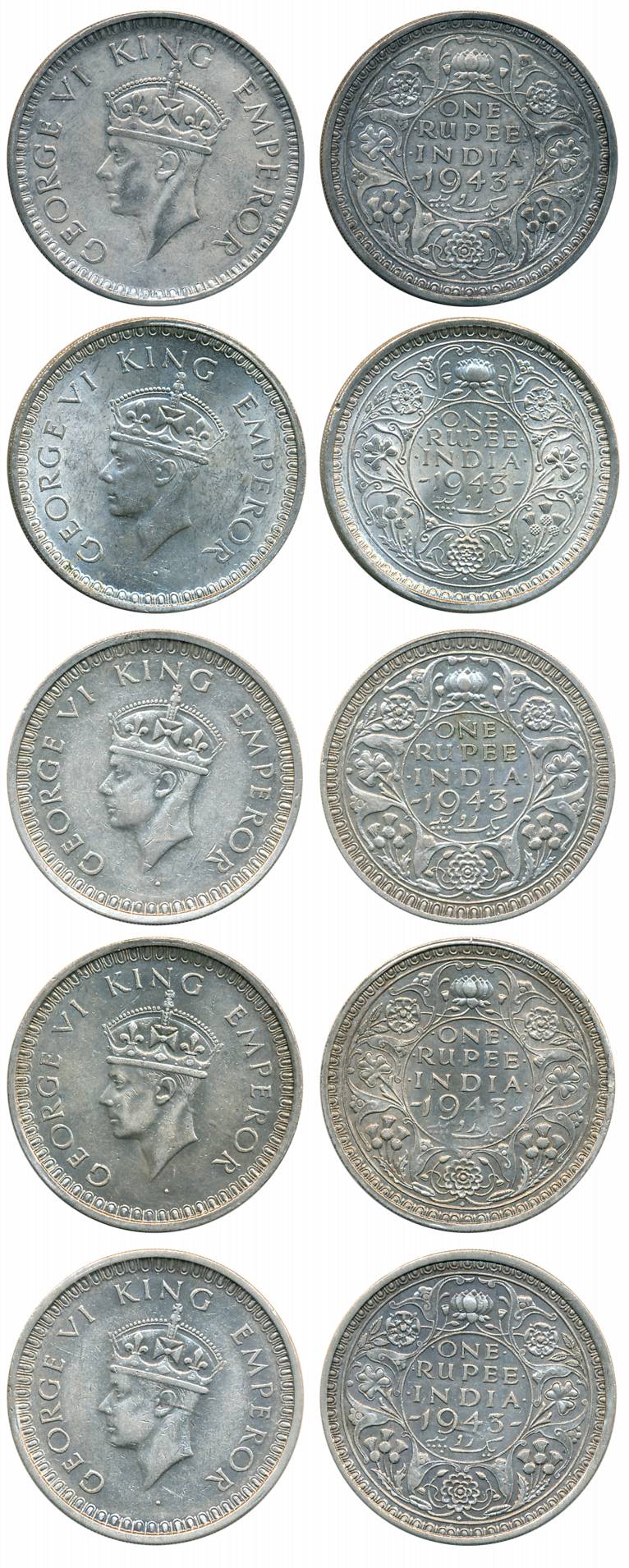 George VI, Silver Rupees (5 different variety), 1943, Bombay Mint, Large head, A/I(a) (Pri