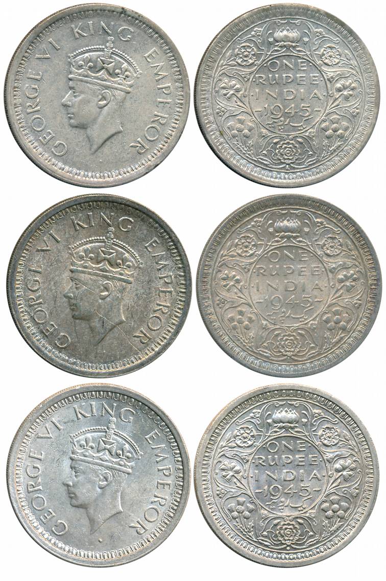 George VI, Silver Rupees (3), 1945, Lahore Mint (2 different Variety) Small 5 (Prid# 248 &