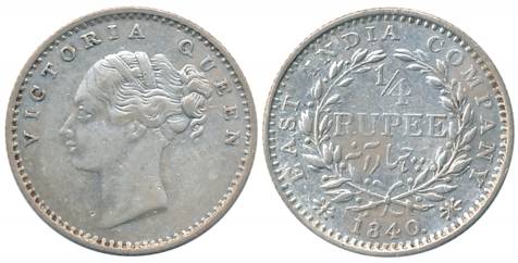 Victoria Queen, Silver 1/4 Rupee, Continuous Legend, 1840, Madras Mint, S incused, 20 Berr