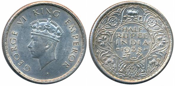 George VI, Silver 1/2 Rupee, 1938, Bombay Mint (Prid# 351). Extremely fine+.