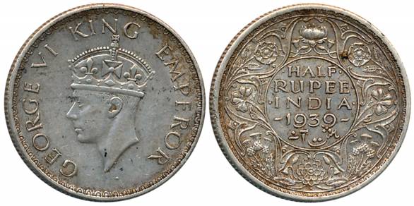 George VI, Silver 1/2 Rupee, Mature head, 1939, Bombay Mint, (Prid# 353). Extremely fine+,