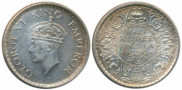 George VI, Silver 1/2 Rupee, Mature head, 1939, Calcutta Mint, (Prid# 364). About uncircul