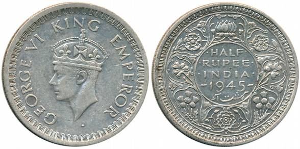 George VI, Silver 1/2 Rupee, 1945, Bombay Mint, large 5 (Unlisted in Pridmore). About extr