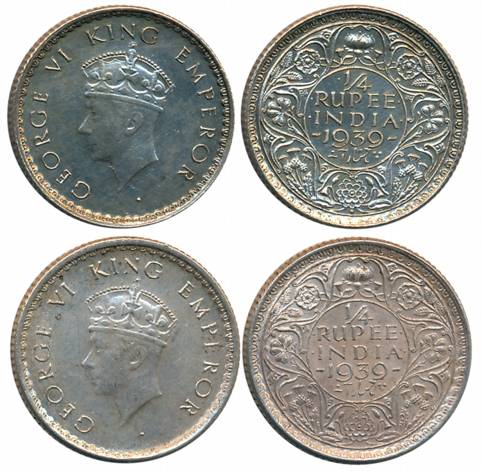 George VI, Silver 1/4 Rupees (2), Young head, type 1, 1939, Bombay Mint (Prid# 461) & Calc