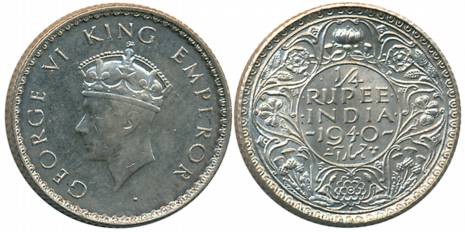 George VI, Silver 1/4 Rupee, 1940, Bombay Mint, Young head, type 1 (Prid# 462). Extremely 