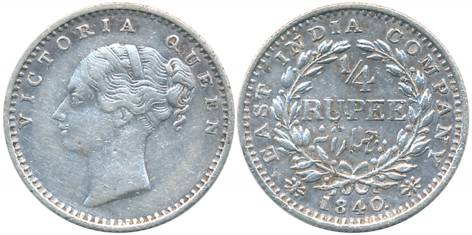 Victoria Queen, Silver 1/4 Rupee, Continuous Legend, 1840, Madras Mint, S incused, V in re