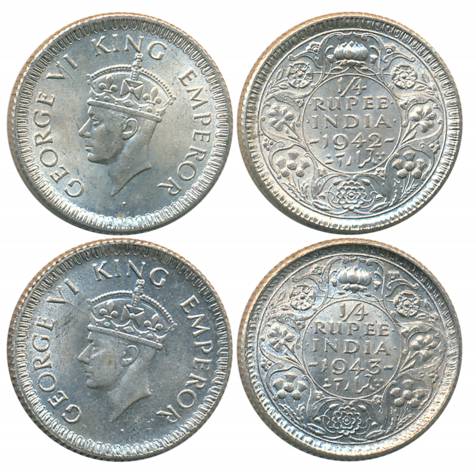 George VI, Silver 1/4 Rupees (2), Calcutta Mint, 1942, reeded edge (Prid# 474), 1943, reed