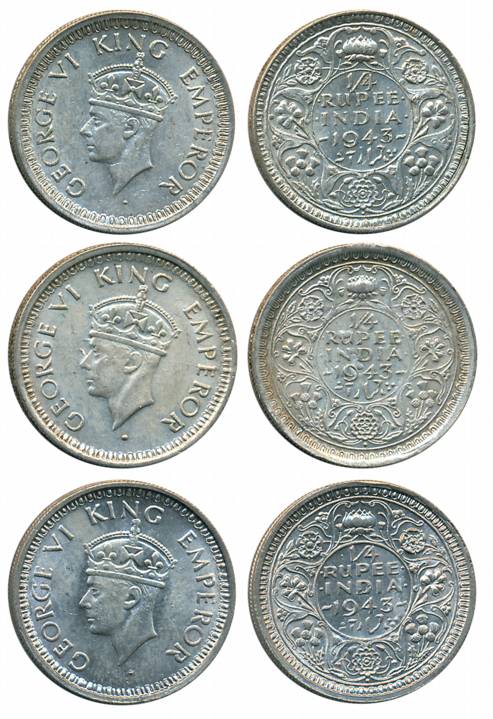 George VI, Silver 1/4 Rupees (3 different variety), Bombay Mint, 1943, I(a)/dot, normal le