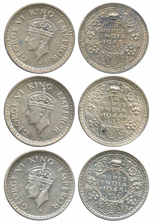 George VI, Silver 1/4 Rupees (3), Lahore Mint (3), 1943, I(a)/L Mint mark (Prid# 476), 194
