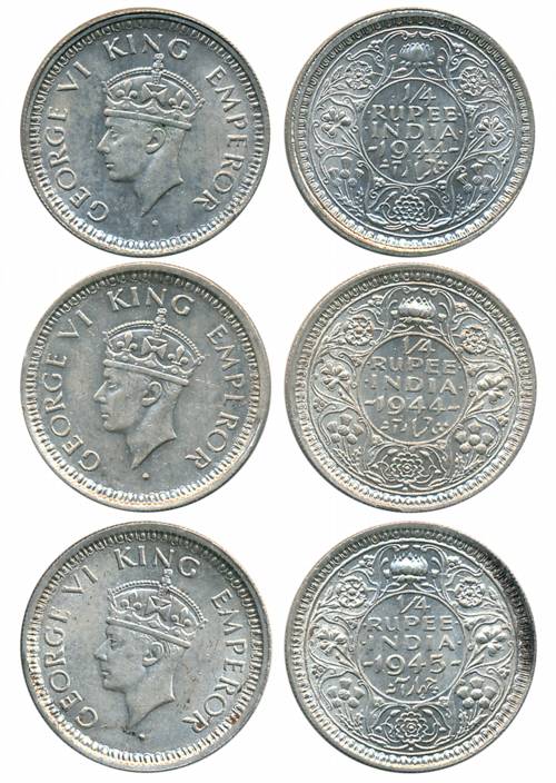 George VI, Silver 1/4 Rupees (3), Bombay Mint, 1944, II/diamond (Prid# 467), 1944, I(a)/do
