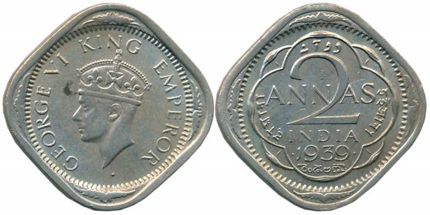 George VI, Copper Nickle, 2 Anna, 1939, Bombay Mint, Mature Head (Prid# 914). Very fine, r