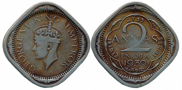 George VI, Copper Nickel, 2 Anna, Type II, 1939, Calcutta Mint, Mature Head (Prid# 914). A
