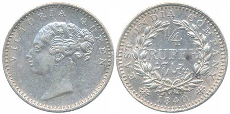 Victoria Queen, Silver 1/4 Rupee, Continuous Legend, 1840, Bombay Mint, No privy mark, 20 