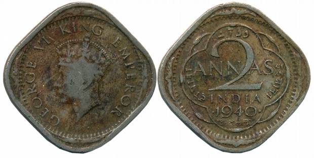 George VI, Copper Nickel, 2 Anna, 1940, Bombay Mint, Young Head (Unlisted in Pridmore). Ve