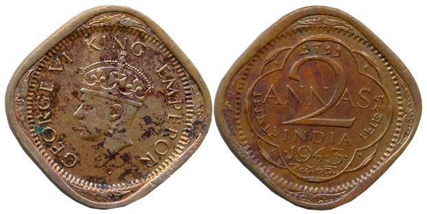 George VI, Brass, 2 Anna, 1943, Bombay Mint, different date numerals with extended 3 (Unli