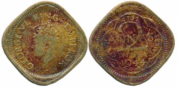 George VI, Brass, 2 Anna, 1944, Bombay Mint, Large 44 in date (Unlisted in Pridmore). Fine