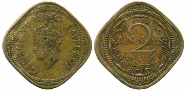 George VI, Brass, 2 Anna, 1944, Bombay Mint, No Mint mark within the quatrefoil (Unlisted 