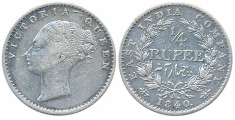 Victoria Queen, Silver 1/4 Rupee, Continuous Legend, 1840, Calcutta Mint, Crescent in reli