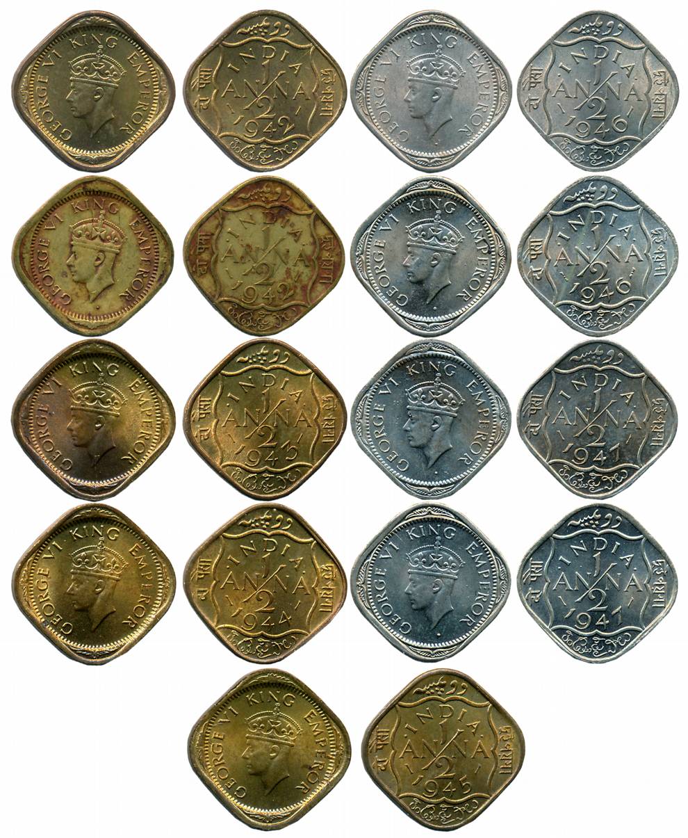 George VI, Copper Nickel & Brass, 1/2 Anna (9), Bombay Mint (2), 1942, dot before and afte