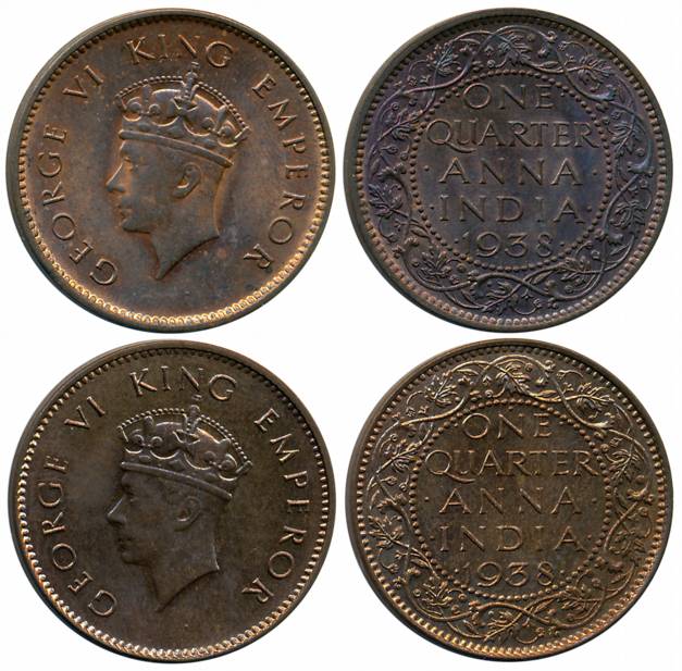 George VI, Bronze 1/4 Anna (2), 1938, Calcutta Mint (Prid# 684) & Bombay Mint, dot before 