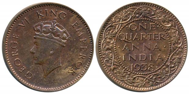 George VI, Bronze 1/4 Anna, 1938, Bombay Mint, Date numerals close to each other (Unlisted
