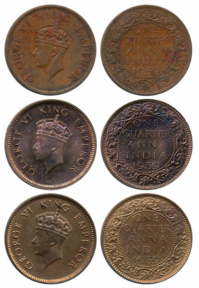 George VI, Bronze 1/4 Anna (3), 1939, Calcutta Mint (2) (Unlisted in Pridmore, Prid# 685) 