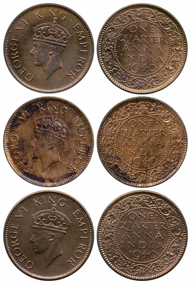 George VI, Bronze 1/4 Anna (3), 1940, Calcutta Mint (1) (Prid# 686) & Bombay Mint (2) (Pri