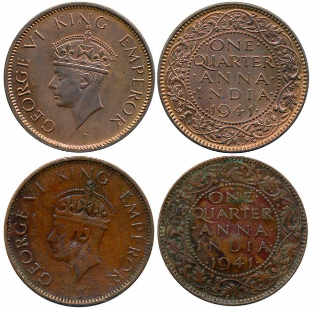 George VI, Bronze 1/4 Anna (2), 1941, Calcutta Mint (Prid# 687) & Bombay Mint (Prid# 693).