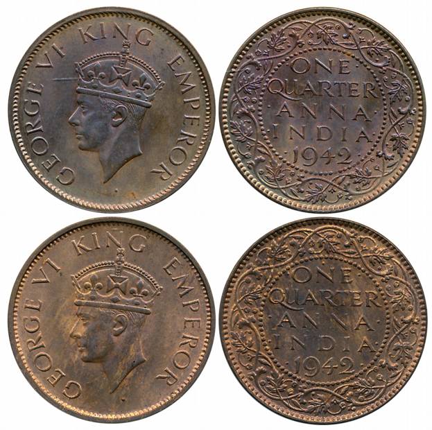 George VI, Bronze 1/4 Anna (2), 1942, Calcutta Mint (Prid# 688) & Bombay Mint (Prid# 694).