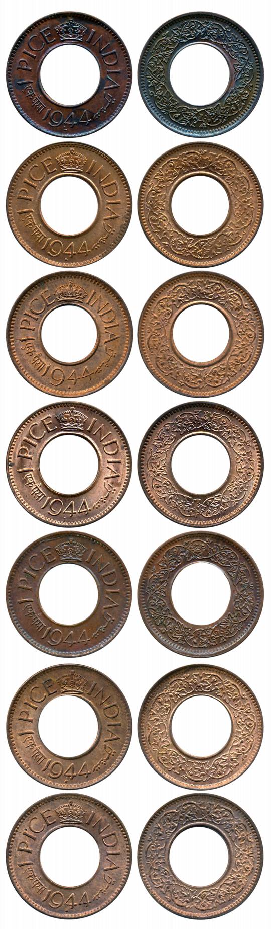 George VI, Bronze Pice (7), 1944, Bombay Mint (4), High crown/large dot (Unlisted in Pridm