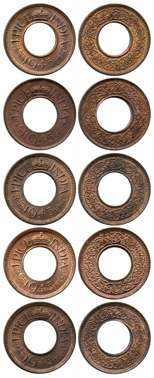 George VI, Bronze Pice (5), 1945, Bombay Mint (3), Flat crown/ dot (Prid# 703, Variety A),