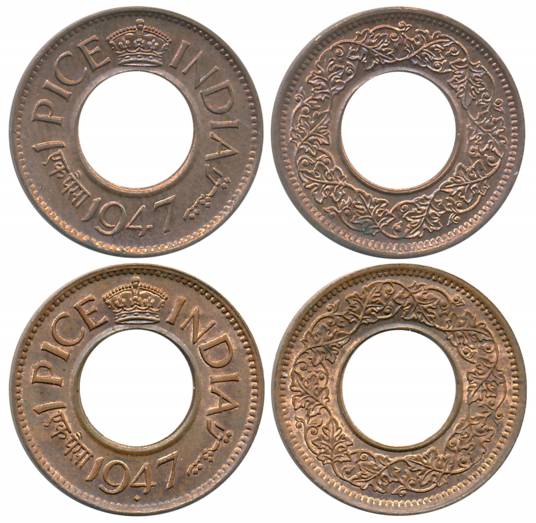 George VI, Bronze Pice (2), 1947, Calcutta Mint, High crown/ without mint mark (Prid# 697)