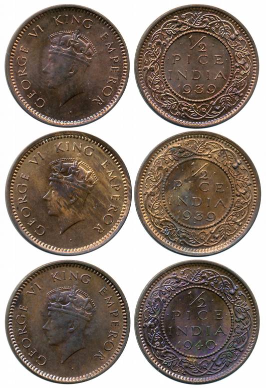 George VI, Copper 1/2 Pice (3), Calcutta Mint (2), 1939 (Prid# 771), 1940 (Prid# 772) &amp