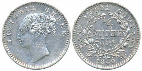Victoria Queen, Silver 1/4 Rupee, Continuous Legend, 1840, Madras Mint, Inverted S incused