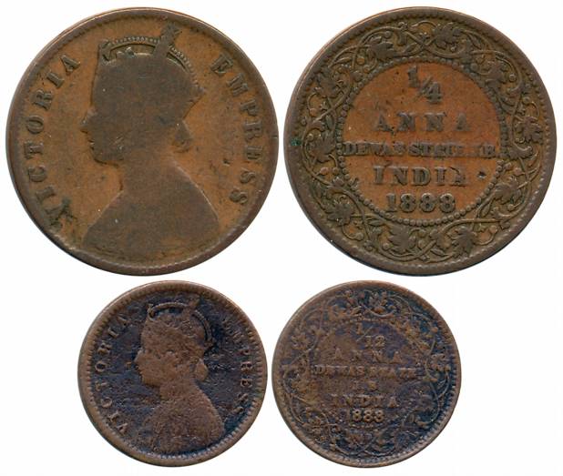 Narayan Rao, Copper (2), 1888, 1/4 Anna, 1/12 Anna, with the name of Victoria Empress (Pri