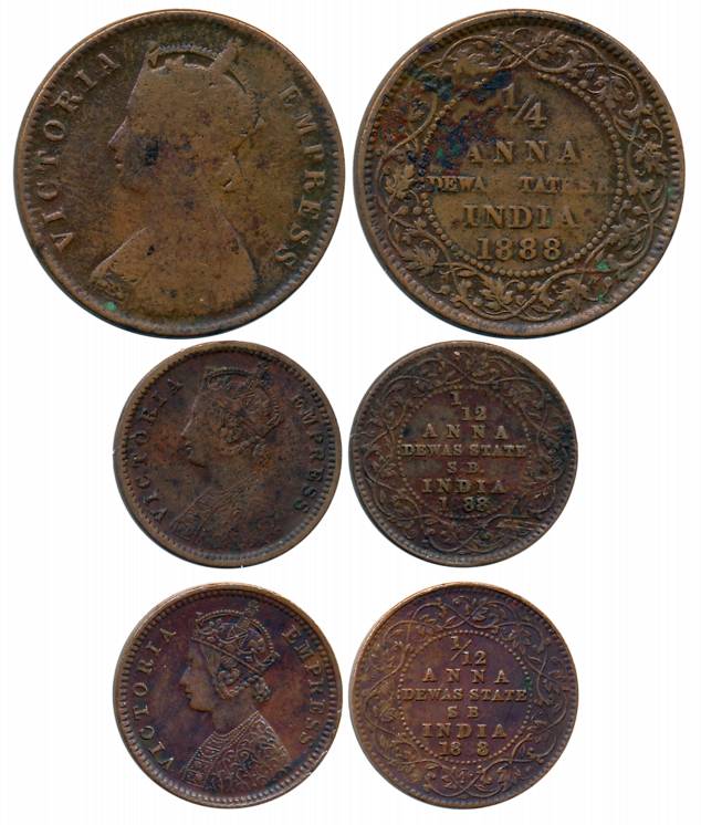 Narayan Rao, Copper (3), 1888, 1/4 Anna (Prid# 1015), 1/12 Anna (2) (Prid# 1020), with the