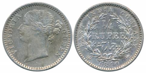 Victoria Queen, Silver 1/4 Rupee, Divided legend, 1840, Madras Mint, W.W. raised (Prid# 11