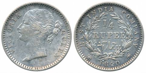 Victoria Queen, Silver 1/4 Rupee, Divided legend, 1840, Madras Mint, W.W.B. raised (Prid# 
