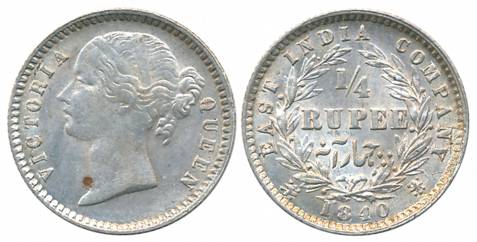 Victoria Queen, Silver 1/4 Rupee, Divided legend, 1840, Calcutta/ Bombay Mint, W.W. raised