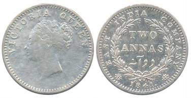 Victoria Queen, Silver 2 Anna, Continuous Legend, 1841, Calcutta Mint, Crescent in relief,