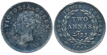 Victoria Queen, Silver 2 Anna, Continuous Legend, 1841, Calcutta Mint, Crescent in relief,