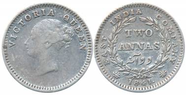 Victoria Queen, Silver 2 Anna, Continuous Legend, 1841, Madras Mint, S incused, Hanging ha