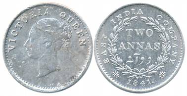 Victoria Queen, Silver 2 Anna, Continuous Legend, 1841, Madras Mint, S incused/ V in relie
