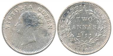 Victoria Queen, Silver 2 Anna, Continuous Legend, 1841, Madras Mint, S incused/ V in relie