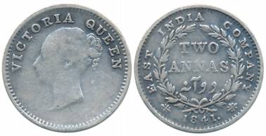 Victoria Queen, Silver 2 Anna, Continuous Legend, 1841, Bombay Mint, No privy mark (Prid# 